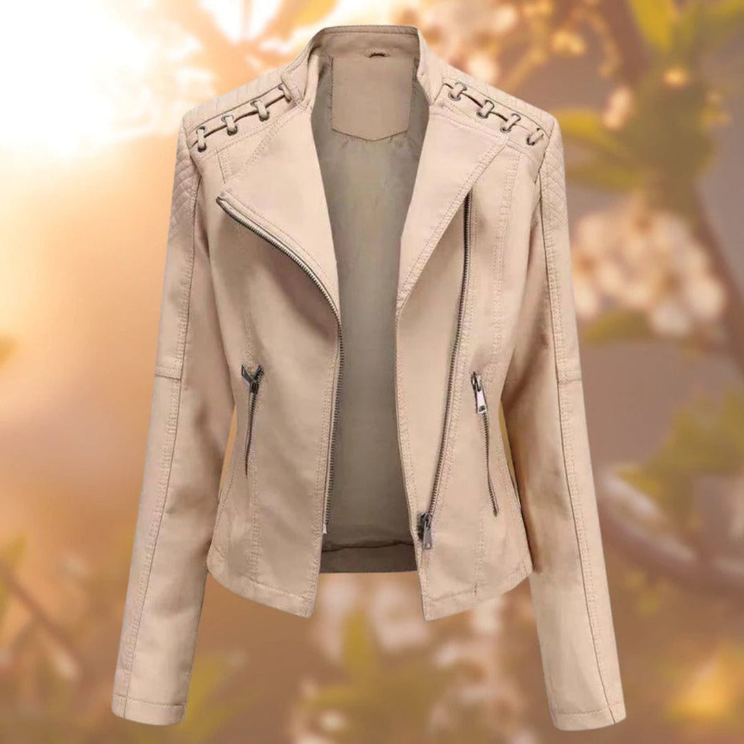Damen Bikerjacke Lederjacke mit Reißverschluss tailliert - Khaki