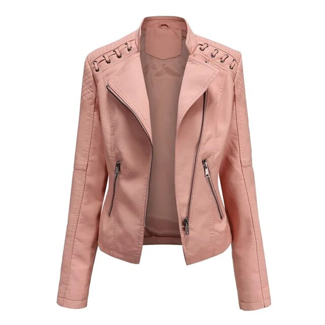 Damen Bikerjacke Lederjacke mit Reißverschluss tailliert - Rosa