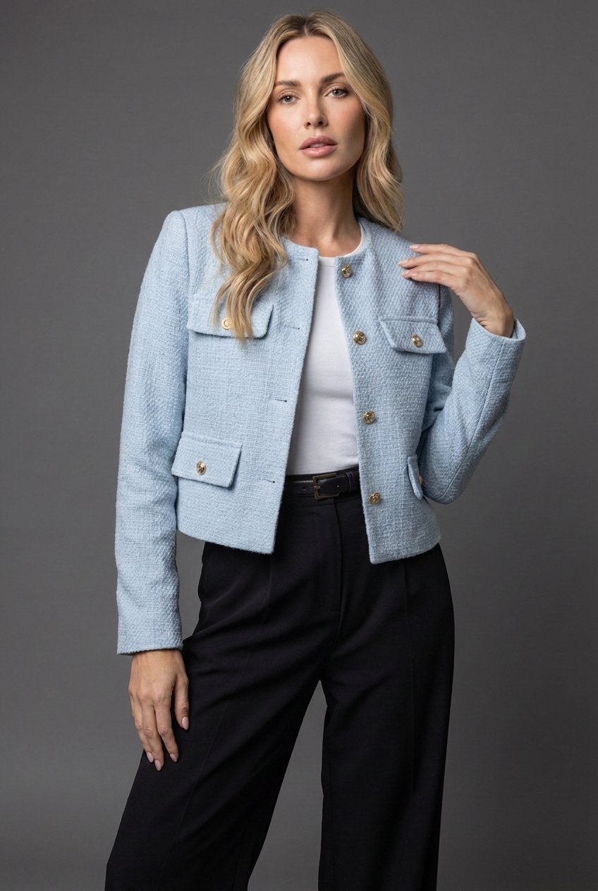 Damen Blazer Kurz Tweed Rundausschnitt Goldknöpfe - Light Blue