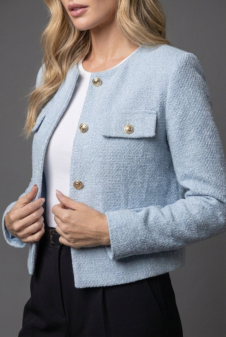 Damen Blazer Kurz Tweed Rundausschnitt Goldknöpfe