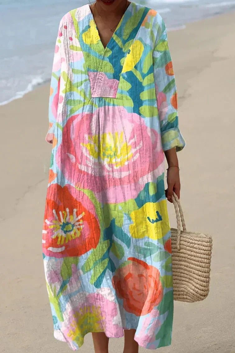 Damen Blumen-Maxi-Sommerkleid mit V-Ausschnitt und langen Ärmeln