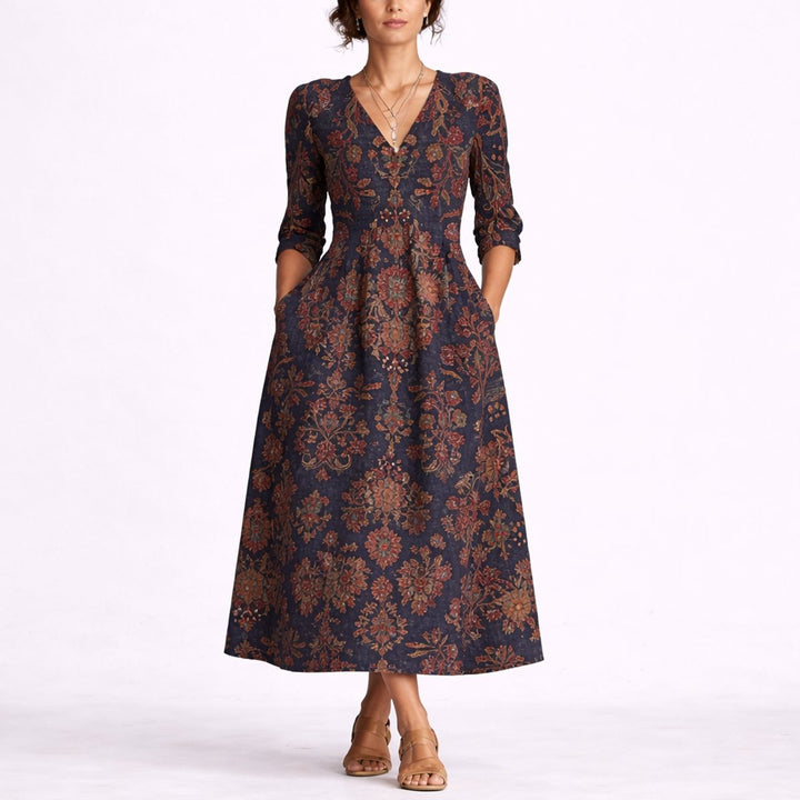 Damen Blumen Midi-Kleid für Hochzeitsgäste im Herbst V-Ausschnitt - Mehrfarbig