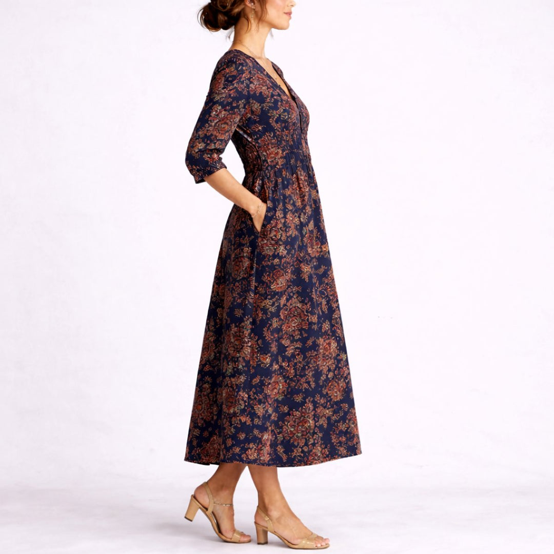 Damen Blumen Midi-Kleid für Hochzeitsgäste im Herbst V-Ausschnitt
