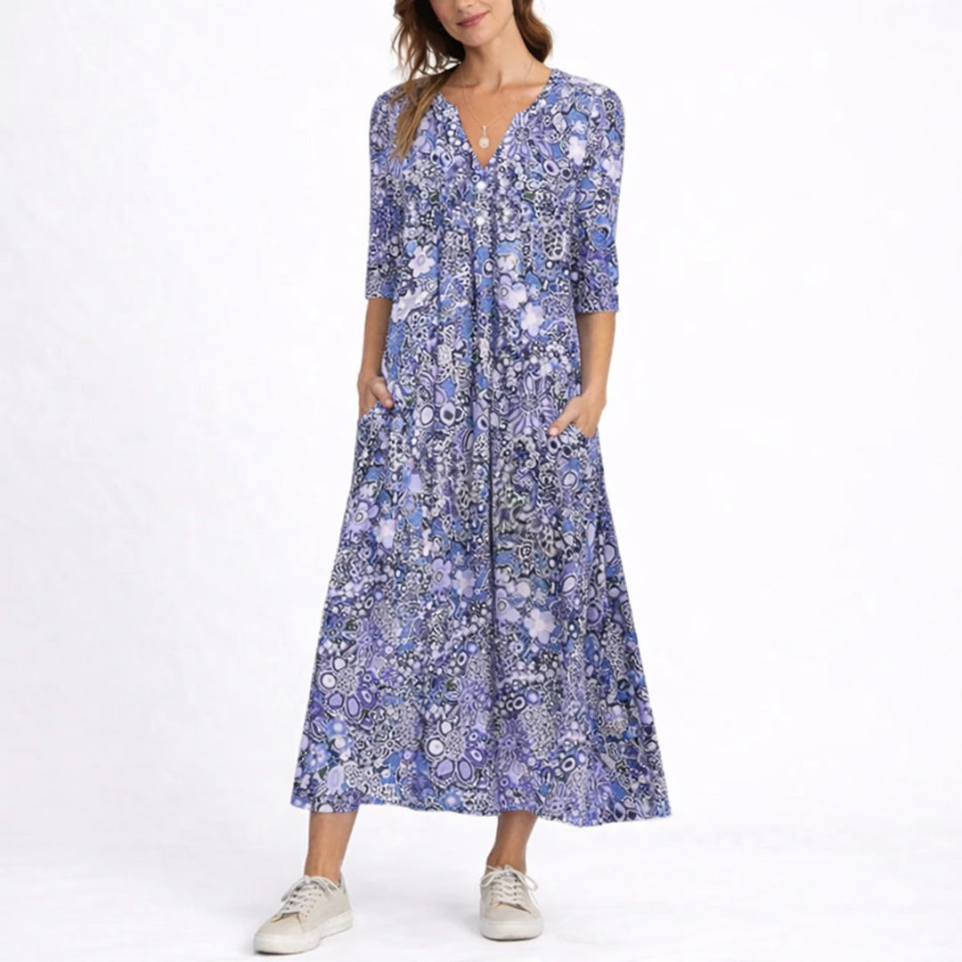 Damen Blumen Midi Kleid V-Ausschnitt Dreivierteljarm Hochzeitsgast Kleid - Blau