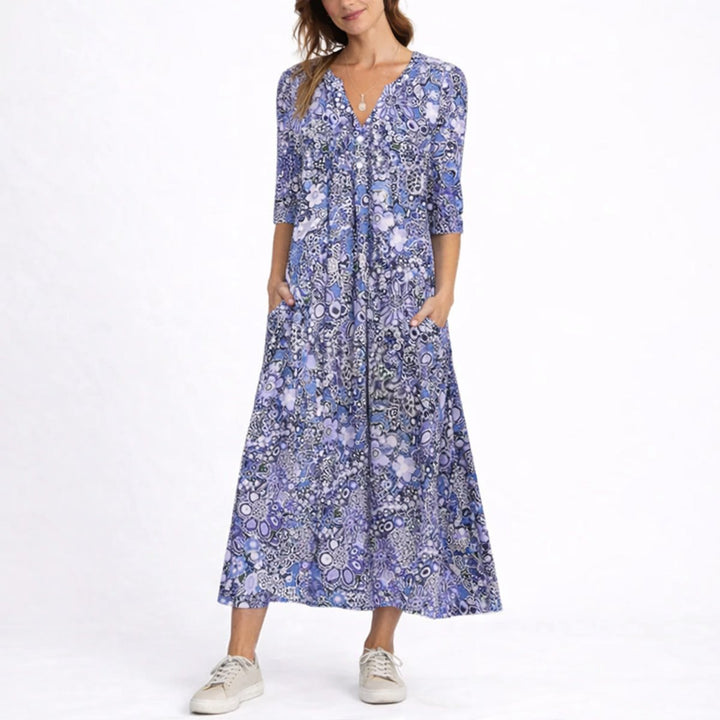 Damen Blumen Midi Kleid V-Ausschnitt Dreivierteljarm Hochzeitsgast Kleid - Blau
