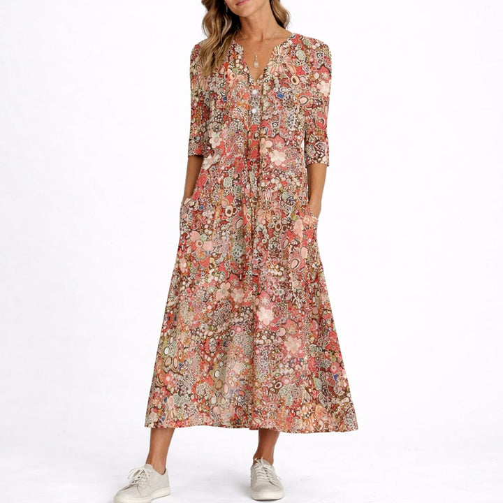 Damen Blumen Midi Kleid V-Ausschnitt Dreivierteljarm Hochzeitsgast Kleid - Rot