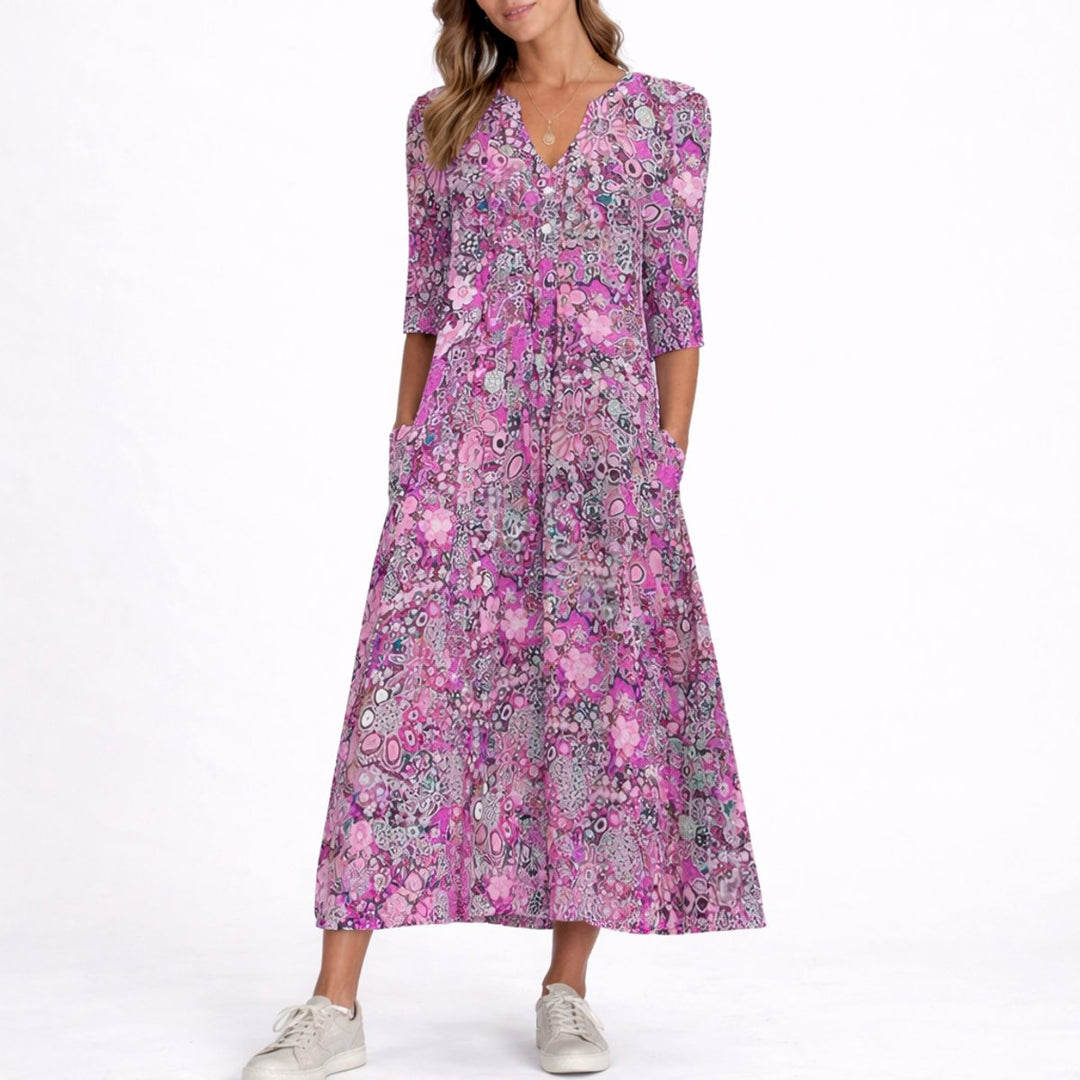 Damen Blumen Midi Kleid V-Ausschnitt Dreivierteljarm Hochzeitsgast Kleid - Lila