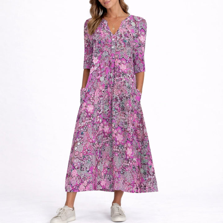 Damen Blumen Midi Kleid V-Ausschnitt Dreivierteljarm Hochzeitsgast Kleid - Lila