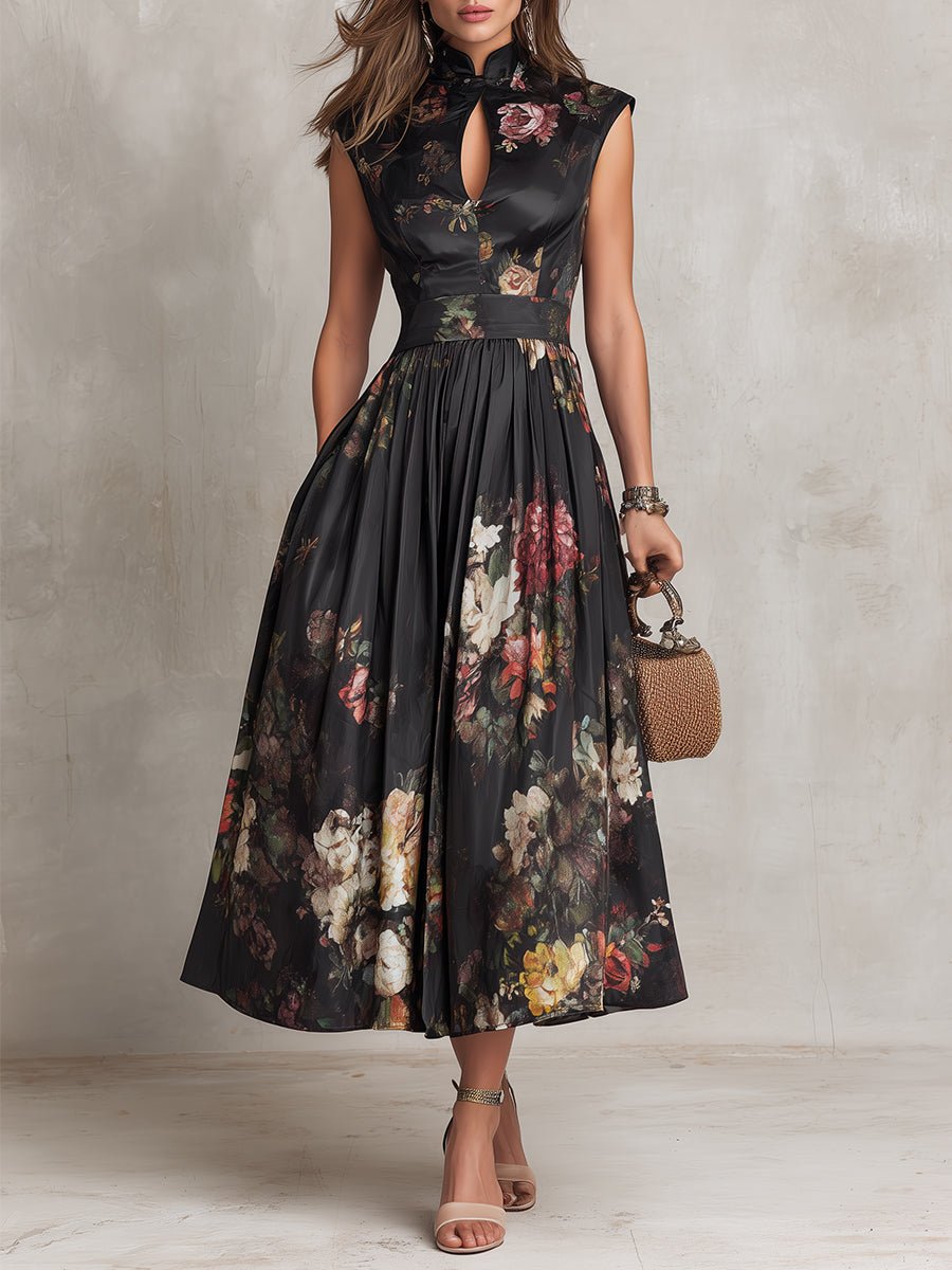 Damen Blumen Satin Plissee Midi Kleid Schlüsselloch Ausschnitt - Black