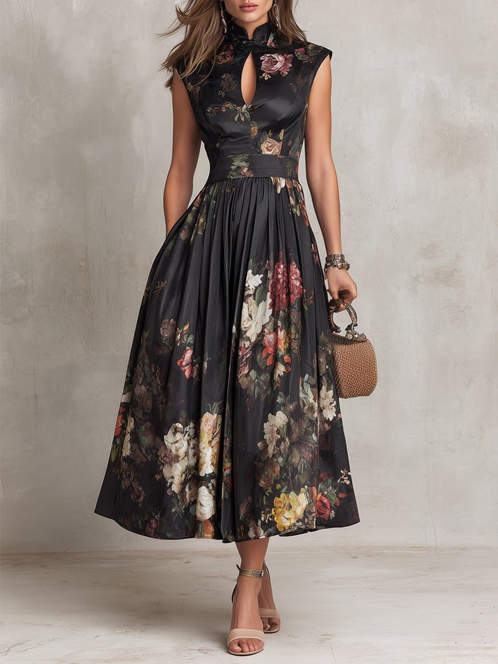 Damen Blumen Satin Plissee Midi Kleid Schlüsselloch Ausschnitt - Black