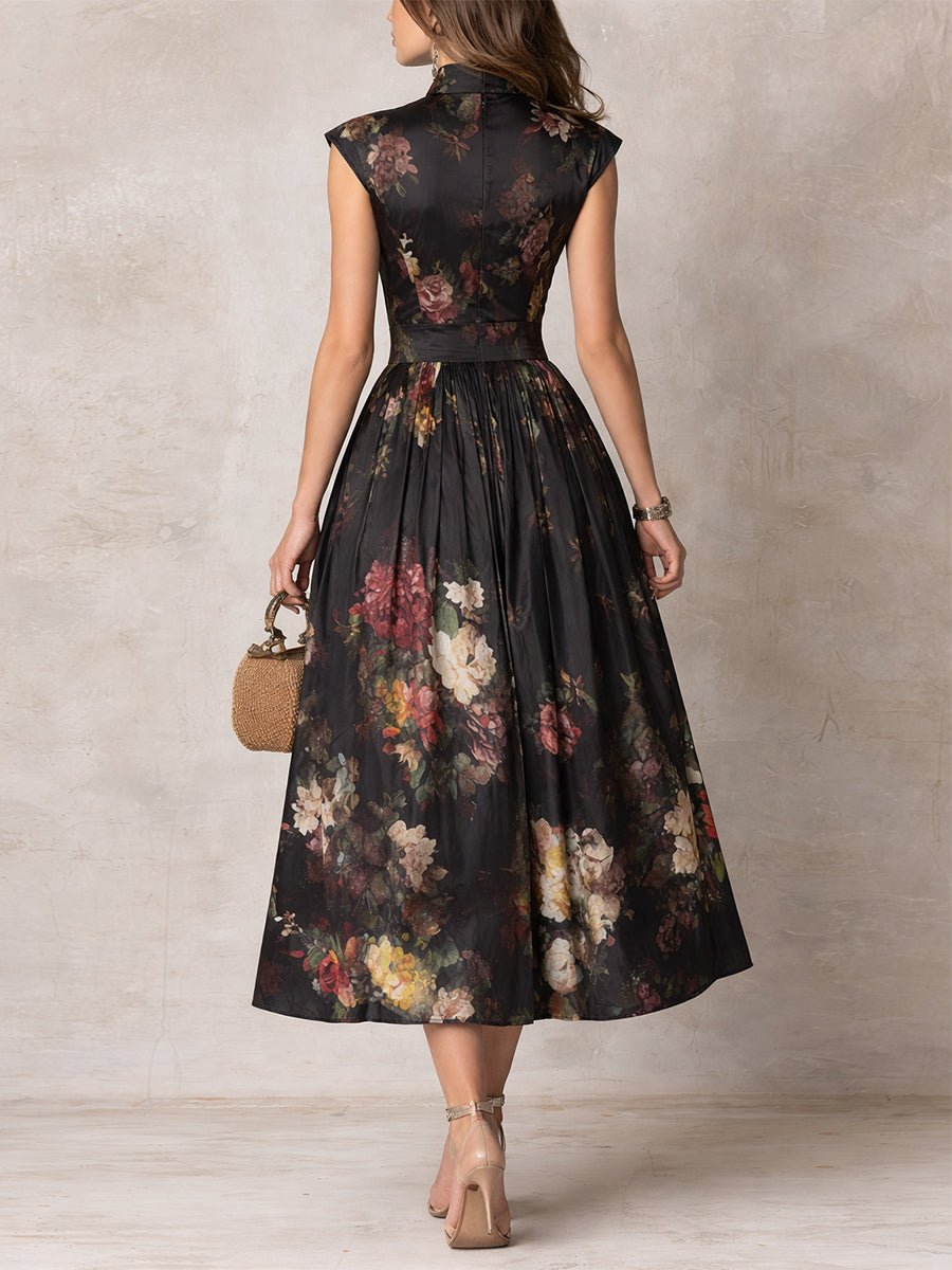 Damen Blumen Satin Plissee Midi Kleid Schlüsselloch Ausschnitt
