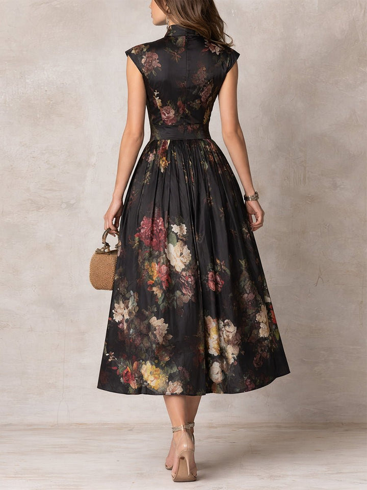 Damen Blumen Satin Plissee Midi Kleid Schlüsselloch Ausschnitt