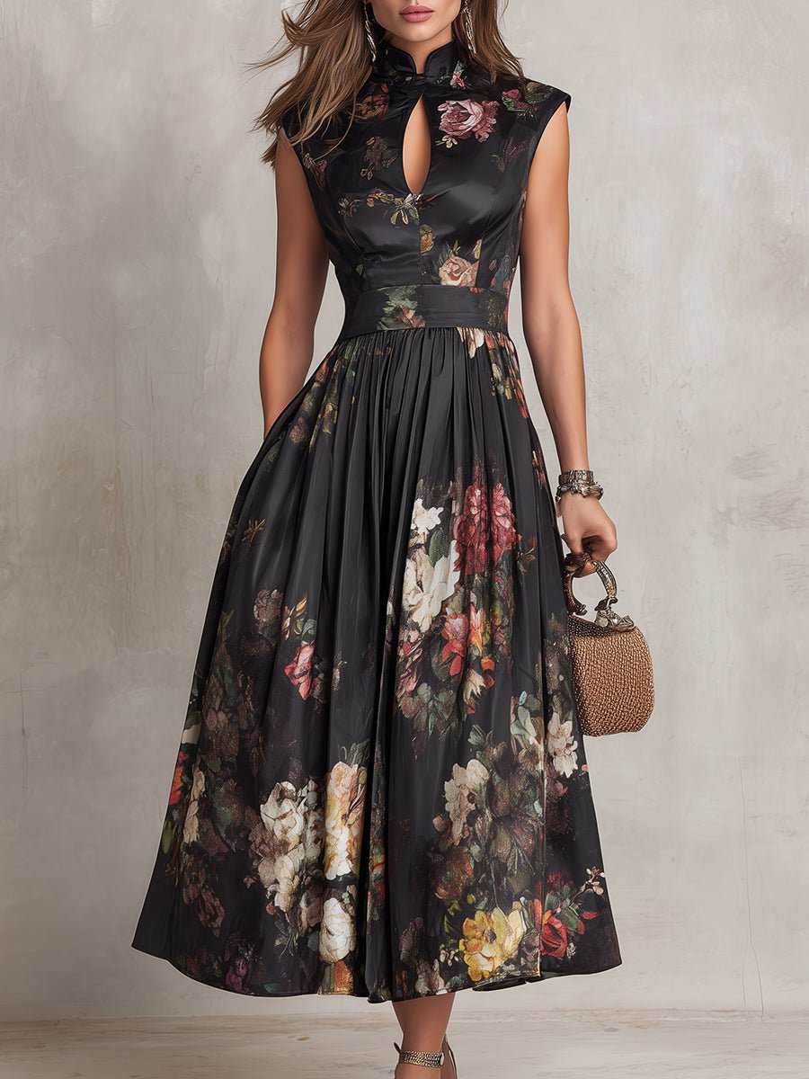 Damen Blumen Satin Plissee Midi Kleid Schlüsselloch Ausschnitt