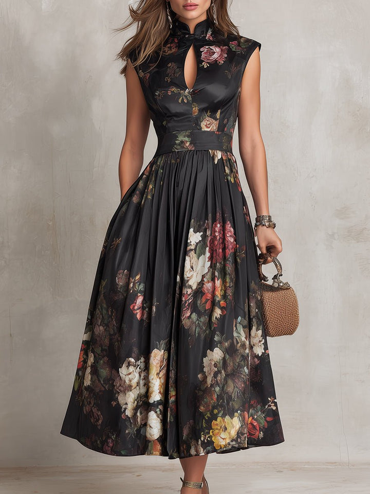 Damen Blumen Satin Plissee Midi Kleid Schlüsselloch Ausschnitt