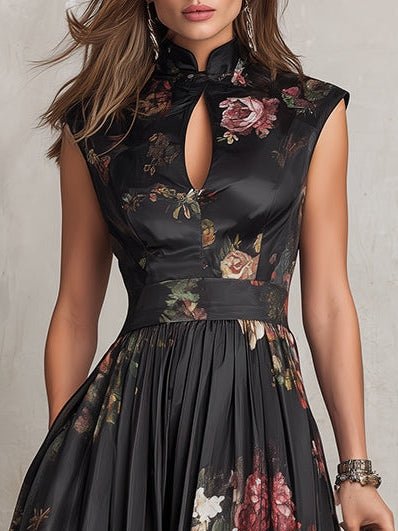 Damen Blumen Satin Plissee Midi Kleid Schlüsselloch Ausschnitt