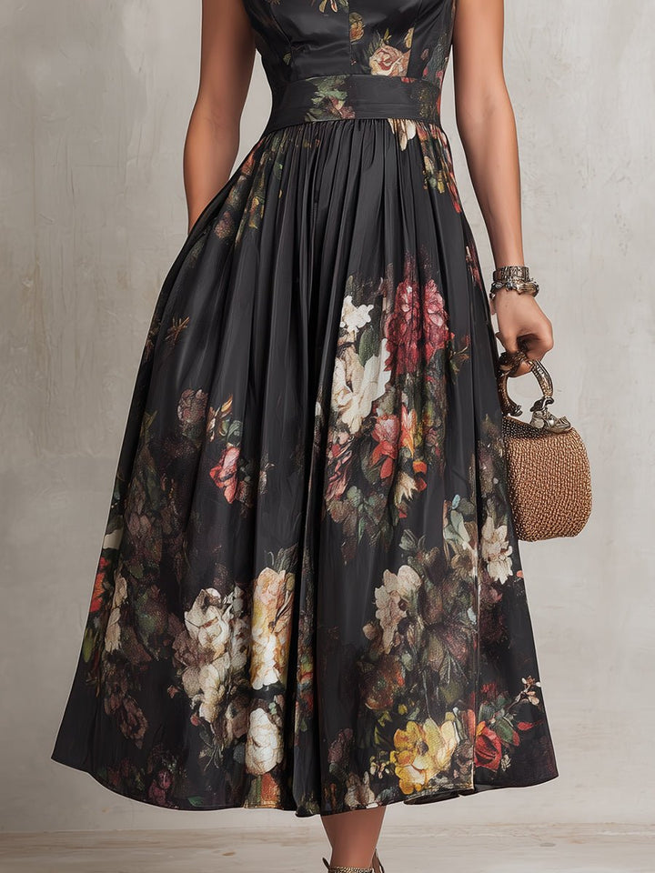 Damen Blumen Satin Plissee Midi Kleid Schlüsselloch Ausschnitt
