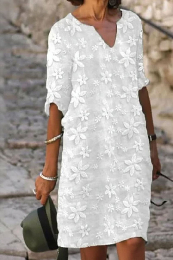 Damen Blumen V-Ausschnitt Abendkleid Midi Elegant - Weiß