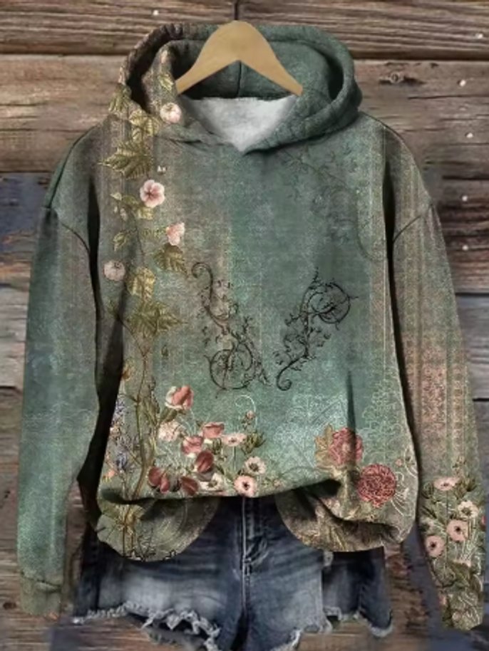 Damen Blumenmuster Oversized Knit Sweater Hoodie