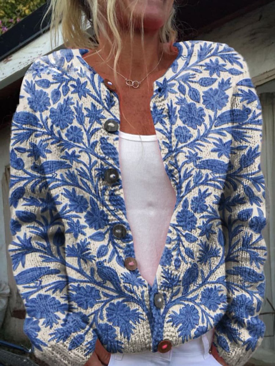 Damen Blumenmuster Strick Cardigan mit Knopfleiste - Stil 1