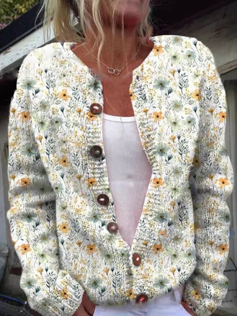 Damen Blumenmuster Strick Cardigan mit Knopfleiste - Stil 2
