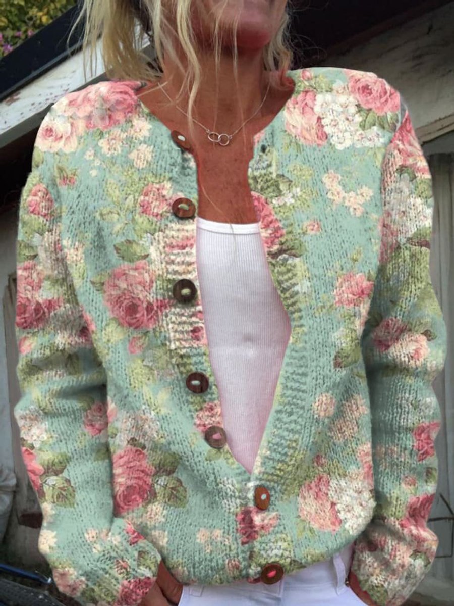 Damen Blumenmuster Strick Cardigan mit Knopfleiste - Stil 6