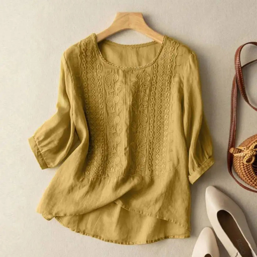 Damen Bluse Bestickt 3/4 Ärmel Baumwolle Locker - Yellow