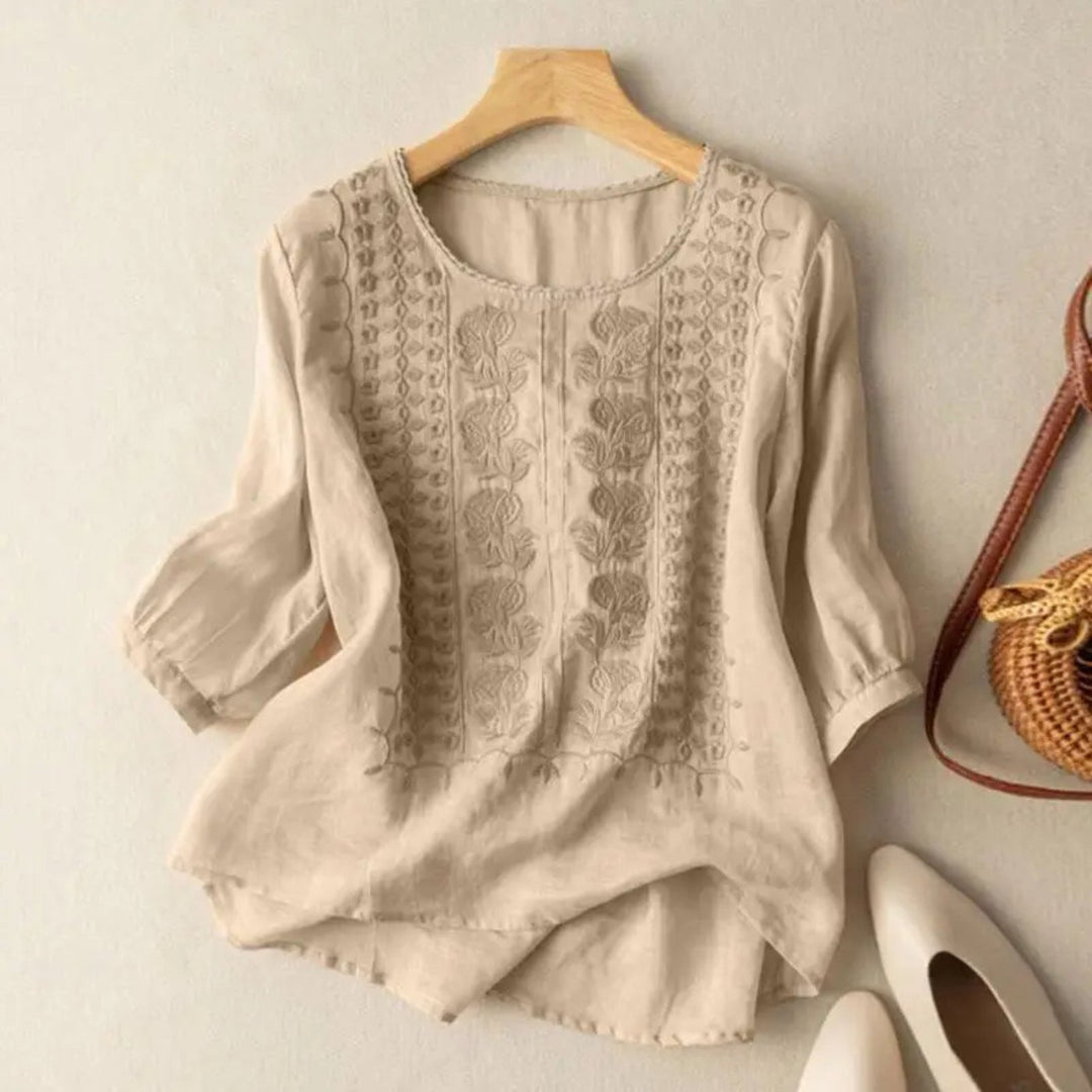 Damen Bluse Bestickt 3/4 Ärmel Baumwolle Locker - Beige