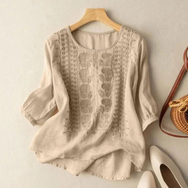 Damen Bluse Bestickt 3/4 Ärmel Baumwolle Locker - Beige