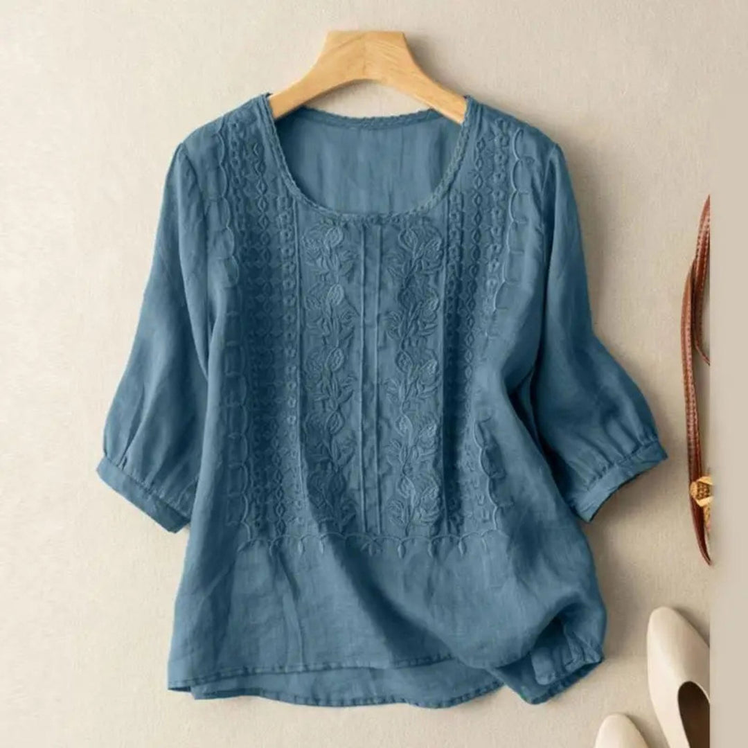 Damen Bluse Bestickt 3/4 Ärmel Baumwolle Locker - Dusty Blue