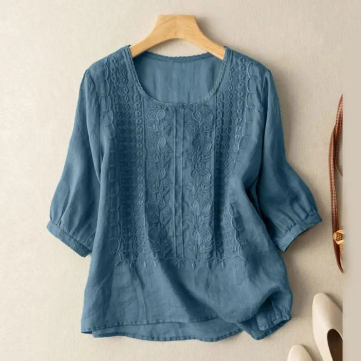 Damen Bluse Bestickt 3/4 Ärmel Baumwolle Locker - Dusty Blue