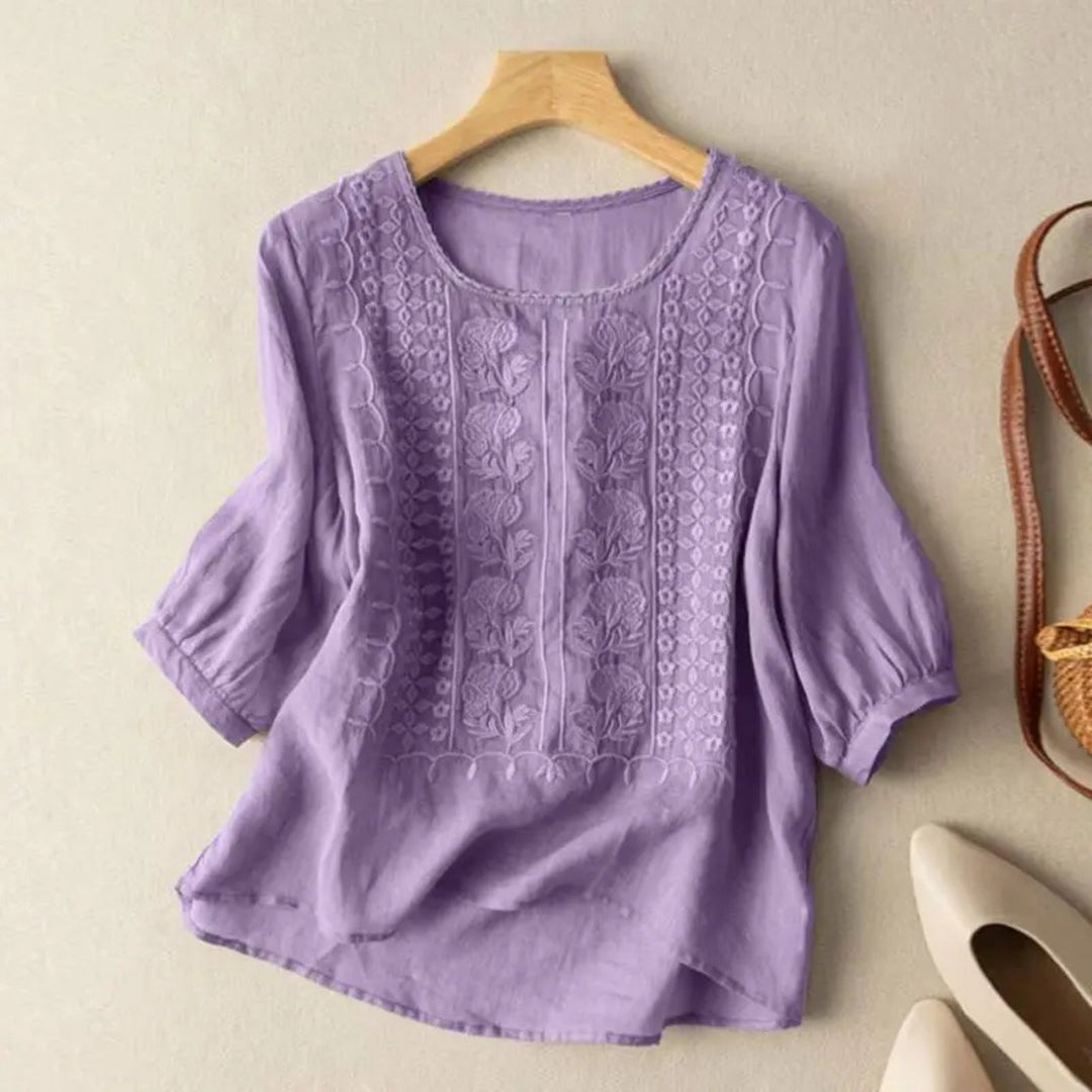 Damen Bluse Bestickt 3/4 Ärmel Baumwolle Locker - Purple