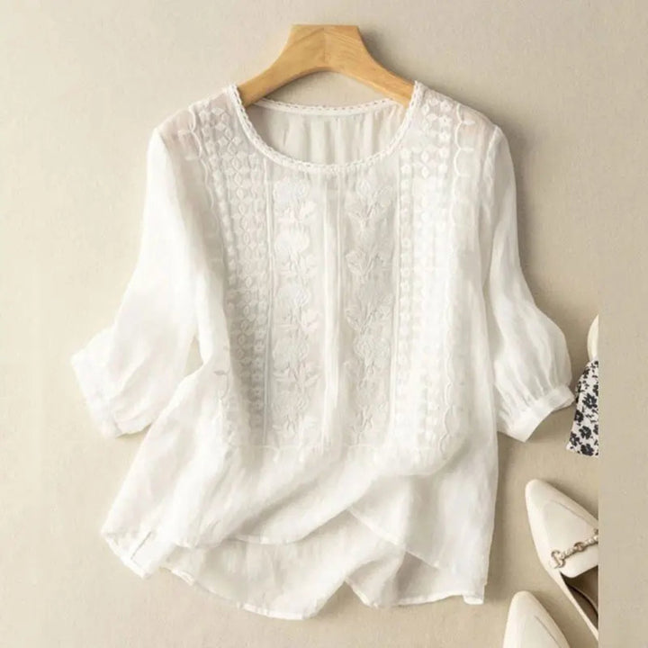 Damen Bluse Bestickt 3/4 Ärmel Baumwolle Locker - White