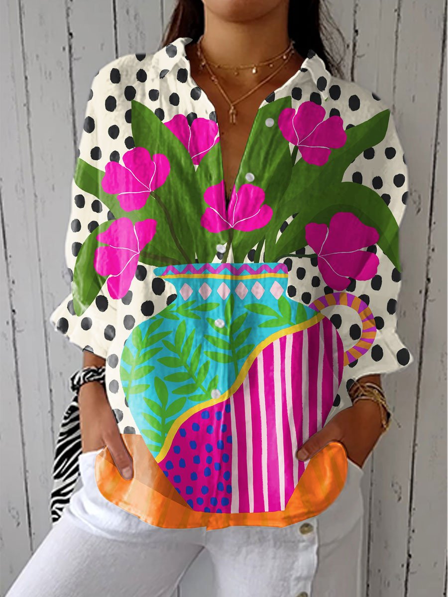 Damen Bluse Blumenvase Print V-Ausschnitt Locker - Multicolor