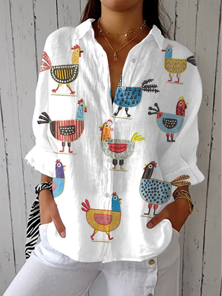 Damen Bluse Bunte Hühner Print Langarm V-Ausschnitt - Multicolor