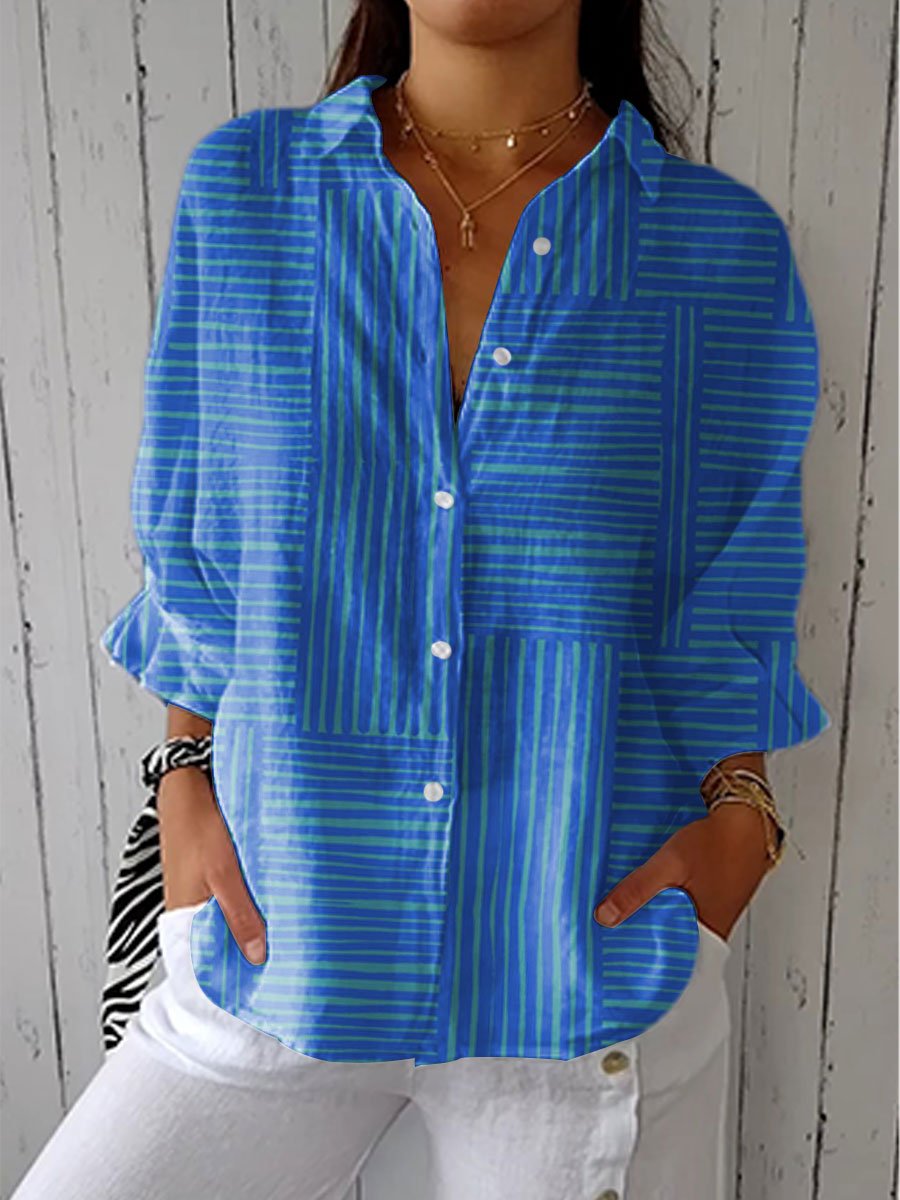 Damen Bluse Gestreift Langarm V-Ausschnitt - Blue