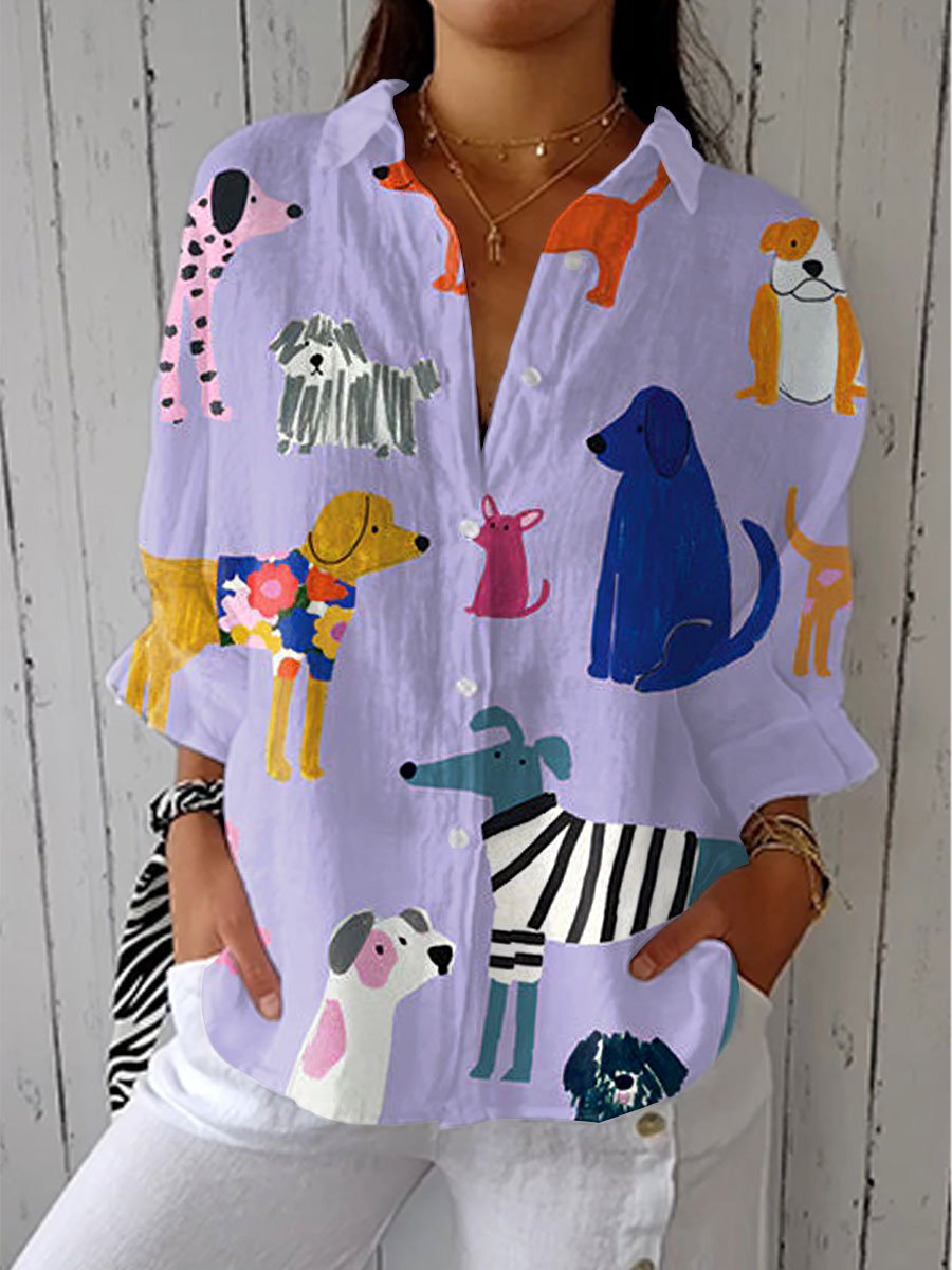 Damen Bluse Hundedruck Langarm V-Ausschnitt - Multicolor