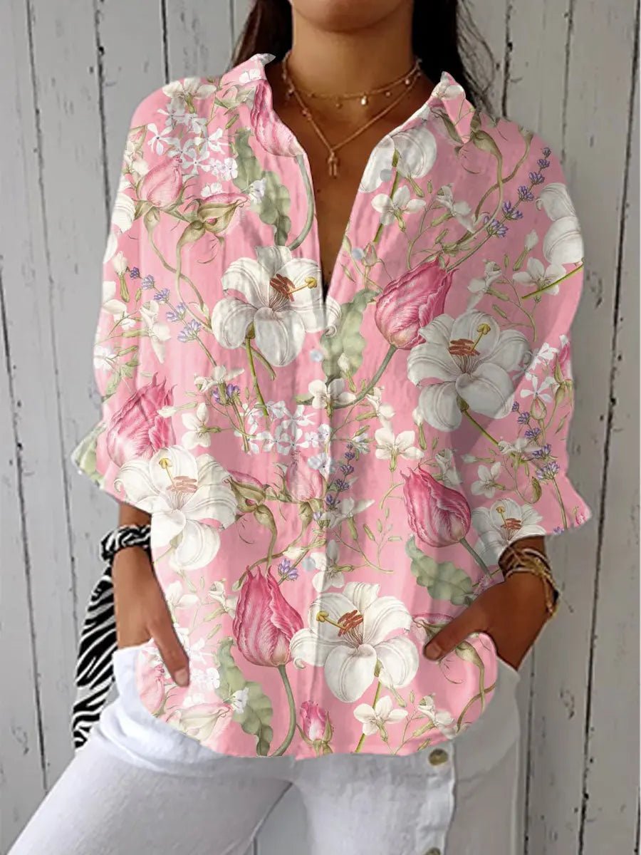 Damen Bluse mit Blumenmuster V-Ausschnitt Langarm - Multicolor