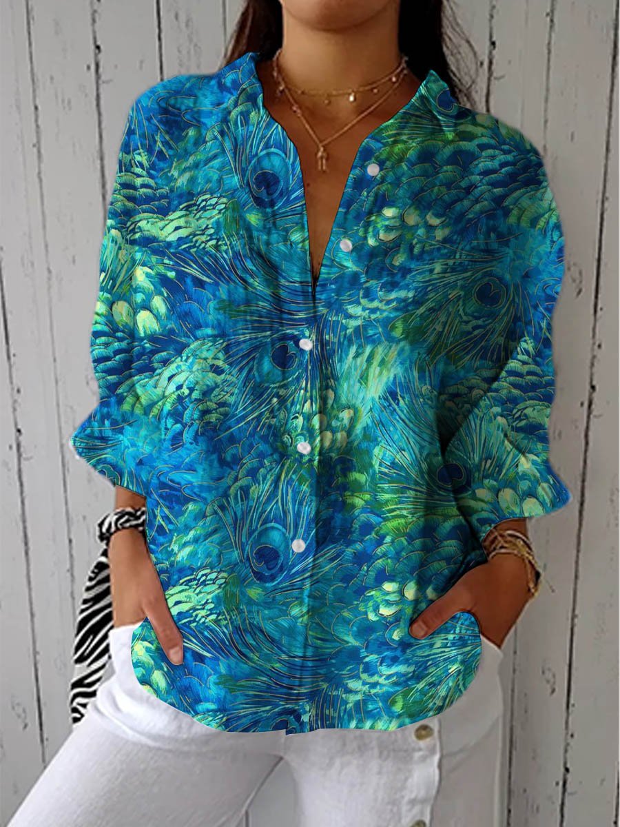 Damen Bluse Pfauenmuster V-Ausschnitt Entspannte Passform - Multicolor