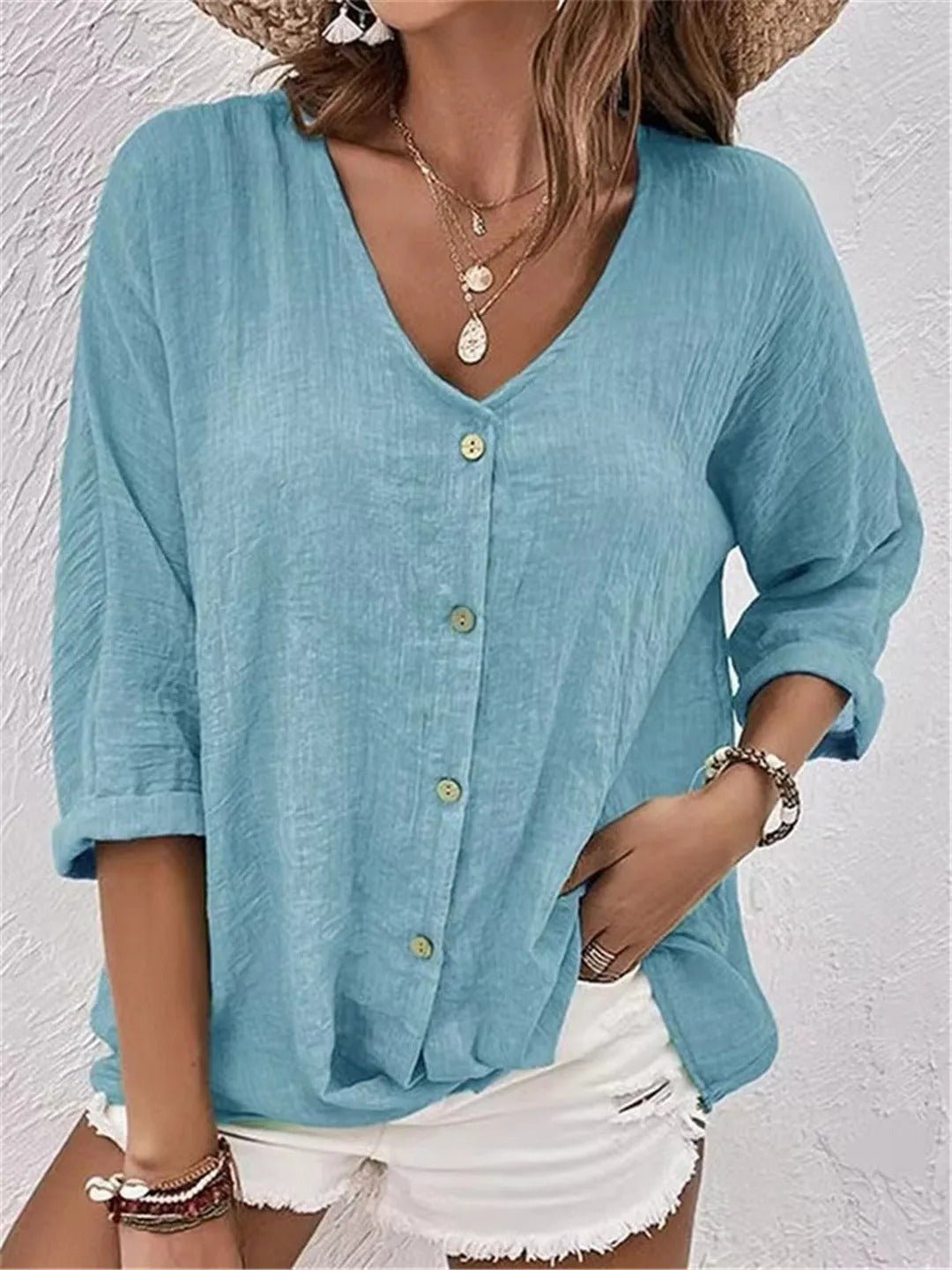 Damen Bluse V-Ausschnitt Dreiviertelarm Baumwolle - Light Blue