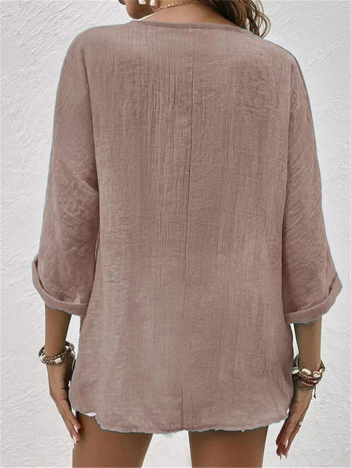 Damen Bluse V-Ausschnitt Dreiviertelarm Baumwolle