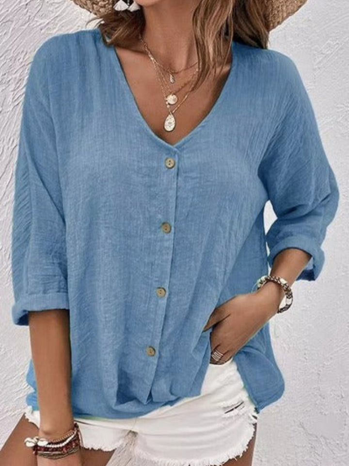 Damen Bluse V-Ausschnitt Dreiviertelarm Baumwolle - Steel Blue