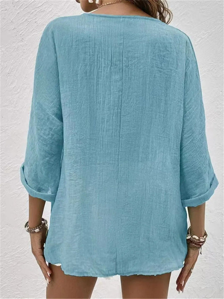 Damen Bluse V-Ausschnitt Dreiviertelarm Baumwolle