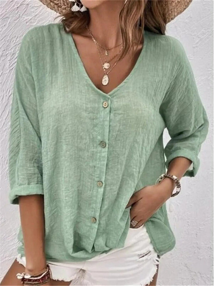 Damen Bluse V-Ausschnitt Dreiviertelarm Baumwolle - Mint green