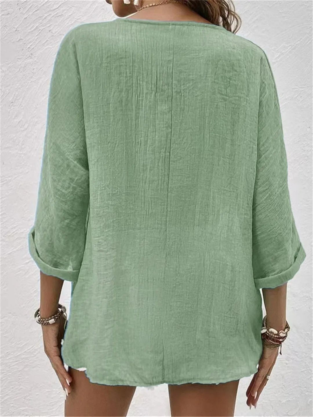 Damen Bluse V-Ausschnitt Dreiviertelarm Baumwolle