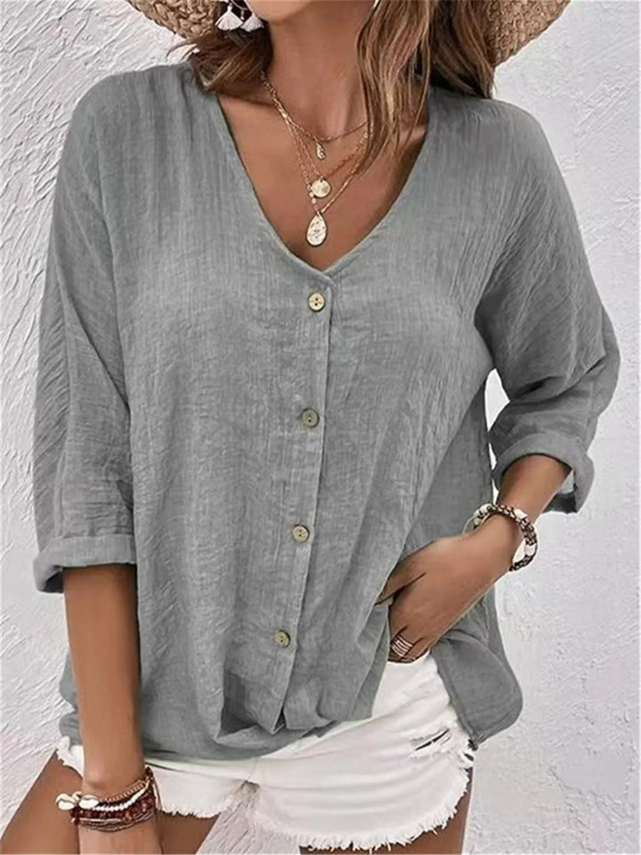 Damen Bluse V-Ausschnitt Dreiviertelarm Baumwolle - Light Gray
