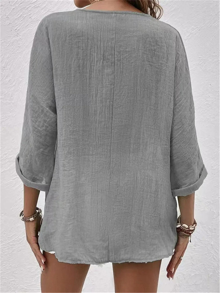 Damen Bluse V-Ausschnitt Dreiviertelarm Baumwolle