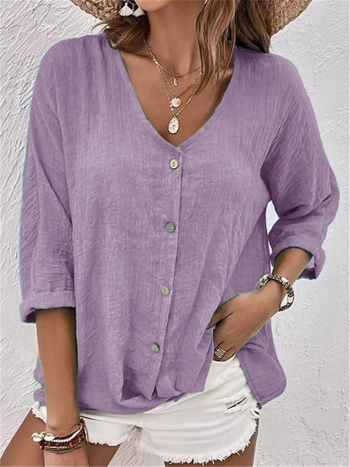 Damen Bluse V-Ausschnitt Dreiviertelarm Baumwolle - Light Purple