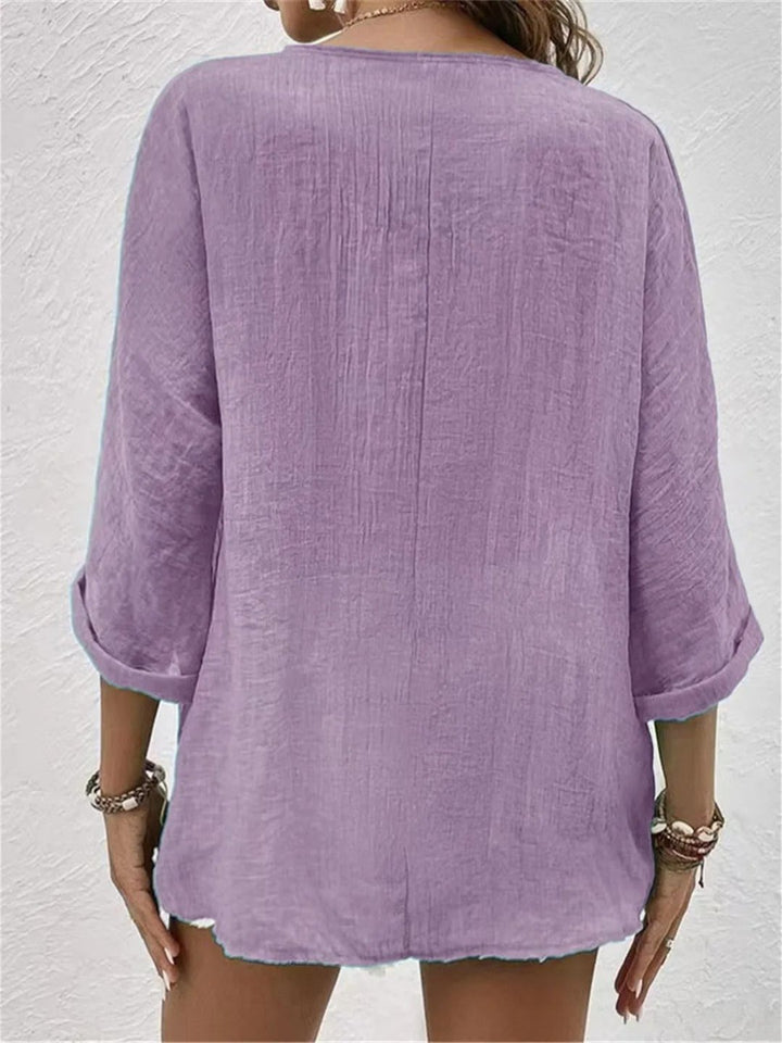 Damen Bluse V-Ausschnitt Dreiviertelarm Baumwolle