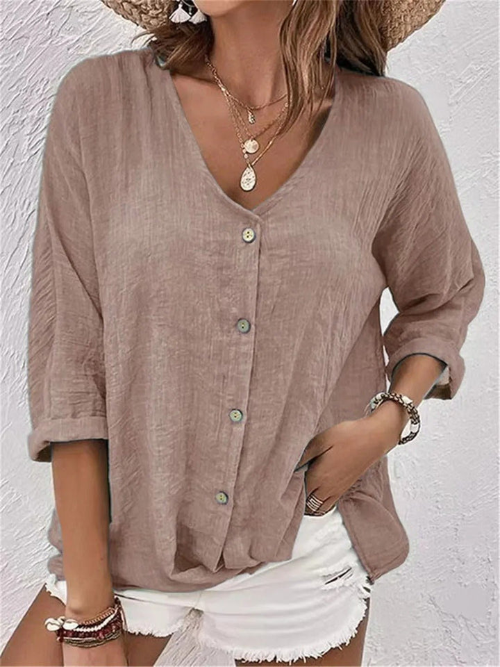 Damen Bluse V-Ausschnitt Dreiviertelarm Baumwolle - Light Brown