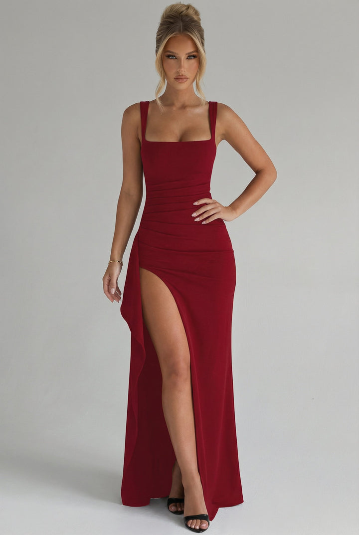 Damen Bodycon Maxikleid mit Beinschlitz und offenem Rücken - Red